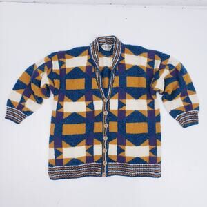 Vintage Handknit Sirdar Yarn Geometric Grandma Cardigan Sweater Oversized M/L